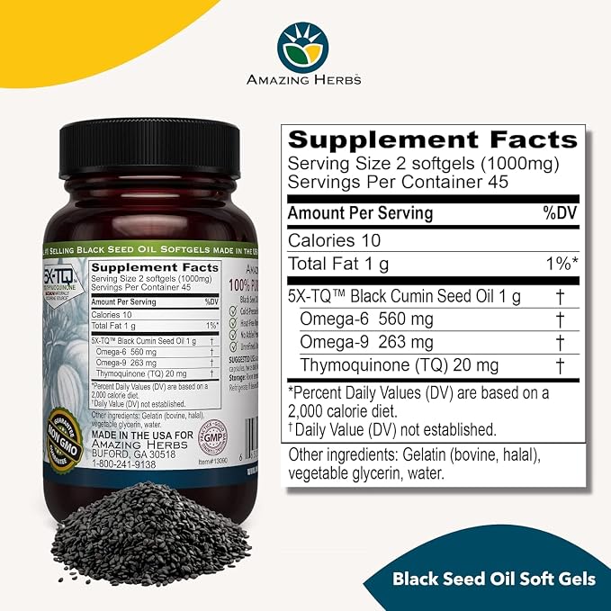 Amazing Herbs Premium Black Seed Oil Capsules - Gluten Free, Non GMO, Cold Pressed Nigella Sativa Aids in Digestive Health, Immune Support- 90 Count, (Pack of 2)