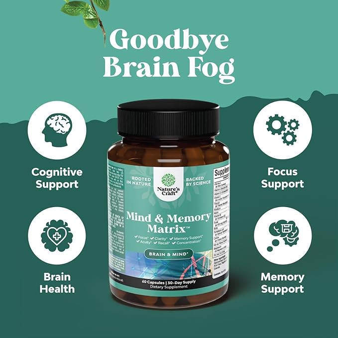 Advanced Brain Supplement for Memory and Focus - Nootropics Brain Support Supplement with Memory and Focus Vitamins for Adults of All Ages - for Brain Fog Clarity Energy and Recall - 60 Count