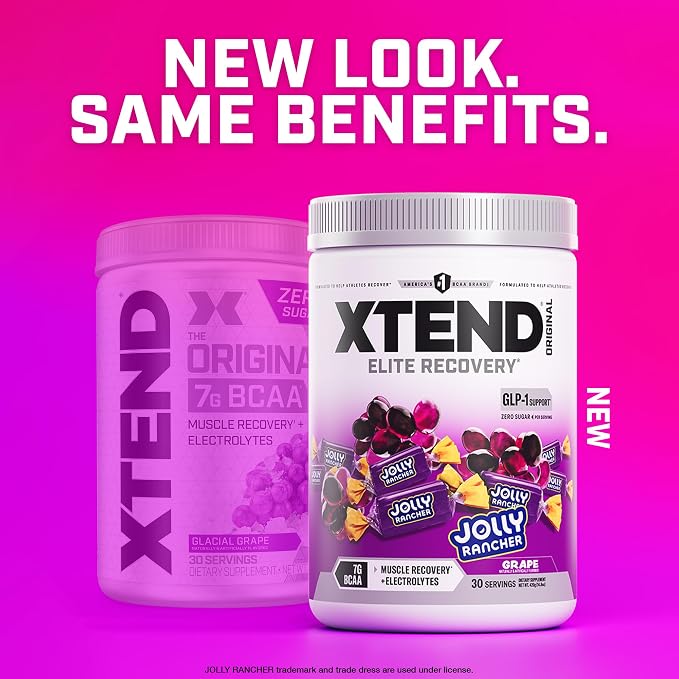 Xtend Original BCAA Powder, 7g BCAAs and 2.5g L-Glutamine for Muscle Recovery Hydration and Lean Muscle, Sugar Free Intra and Post Workout Drink with Electrolytes, Grape Jolly Rancher, 30 Servings