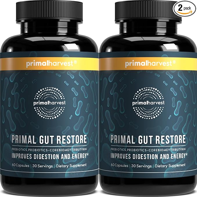 Primal Harvest 2 Pack, Restore for Gut Health, Primal Gut Restore w/POSTbiotics, PREbiotics and PRObiotics for Women and Men, 60 CT - Digestion, Colon Cleanse, Helps Leaky Gut Repair