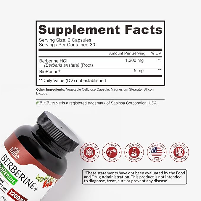 Nutreb Berberine Supplement 1200mg - 5X Higher Absorption - Ultra Pure 98% Berberine HCL - Healthy Weight Management, Immune Support - Non GMO, Manufactured in USA - 60 Vegan Capsules