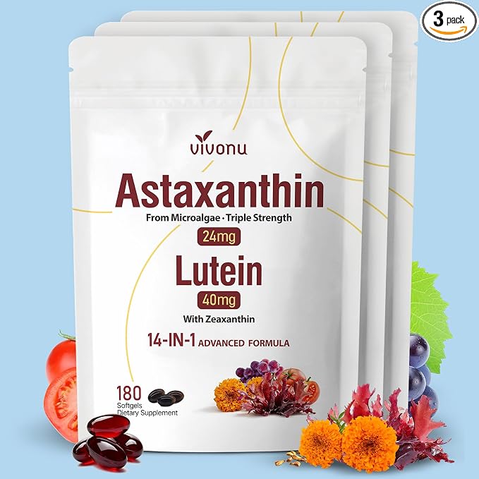 VivoNu 14-in-1 Astaxanthin 24mg & Lutein 40mg with Zeaxanthin Supplements, 18 Month Supply, 540 Softgels, 3 Bag