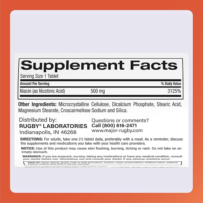 Rugby Niacin 500mg - Vitamin B3 Supplement for Men and Women - 1,000 Tablets (1-Pack)