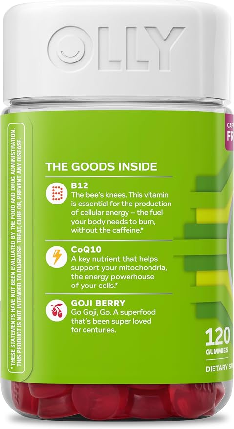 OLLY Daily Energy Gummy, Caffeine Free Cellular Energy Production,* Vitamin B12, CoQ10, Goji Berry, Adult Chewable Supplement, Tropical Passion Flavored, 60 Day Supply - 120 Count