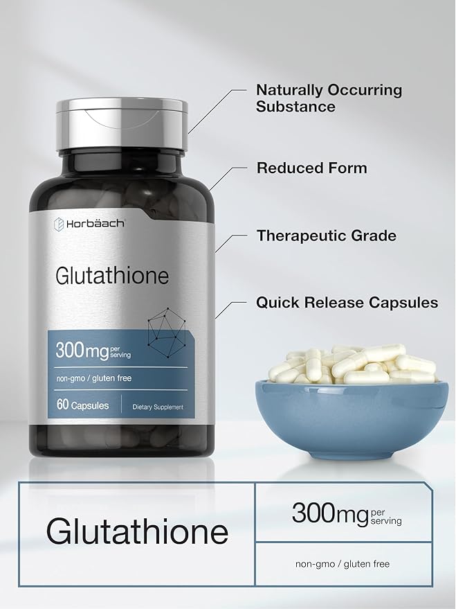 Horbaach Glutathione Supplement | 300mg | 60 Capsules | Non-GMO & Gluten Free | Reduced Form