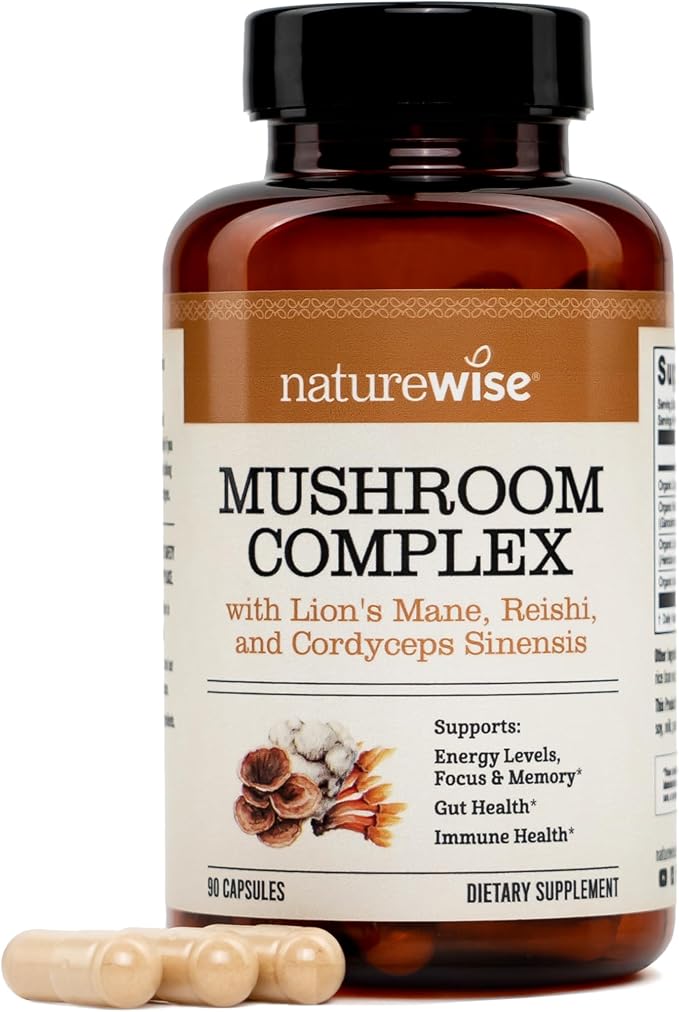 NatureWise Mushroom Complex - with Organic Lion's Mane + Reishi & Cordyceps Sinensis - Lions Mane Supplement with Organic Mushrooms - Vegan - Non-GMO - USA Manufactured - 90 Capsules[30-Day Supply]
