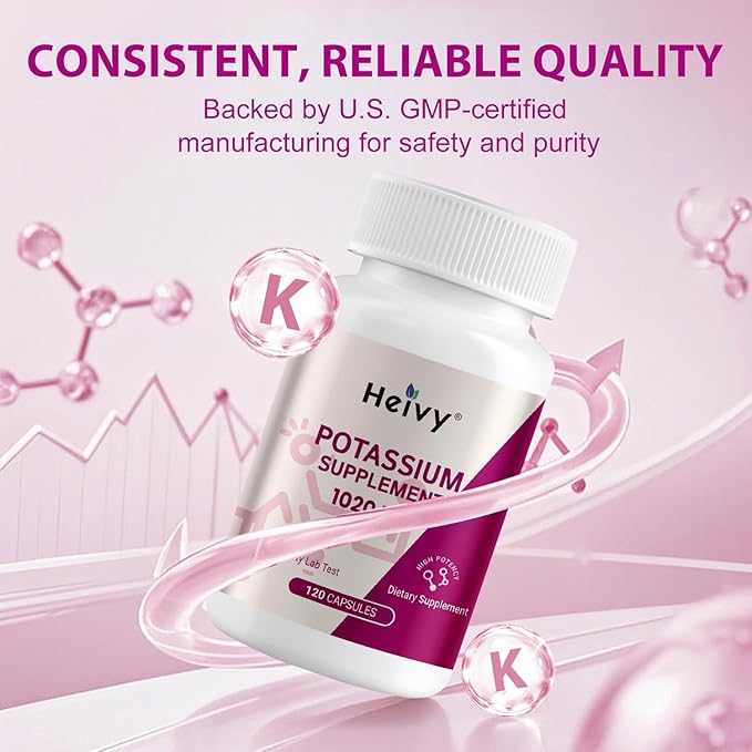 Heivy Potassium Supplement 1020 mg, Potassium Bicarbonate, Supports Electrolyte Balance, Muscle Function & Heart Health, Made in USA, Gluten Free, Non-GMO, 120 Vegetarian Capsules