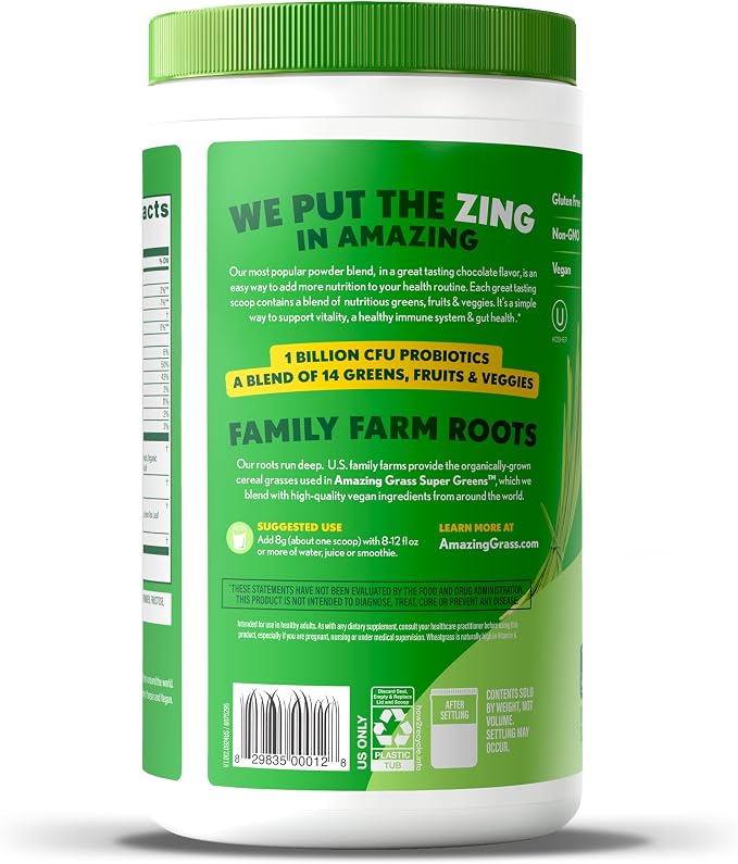 Amazing Grass Greens Blend Superfood: Super Greens Powder Smoothie Mix with Organic Spirulina, Chlorella, Beet Root Powder, Digestive Enzymes & Probiotics, Chocolate, 60 Servings (Packaging May Vary)