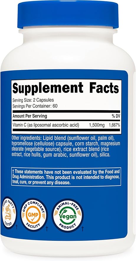 Nutricost Liposomal Vitamin C (1500mg) 120 Vegan Capsules - GMO-Free, Gluten-Free, 60 Servings