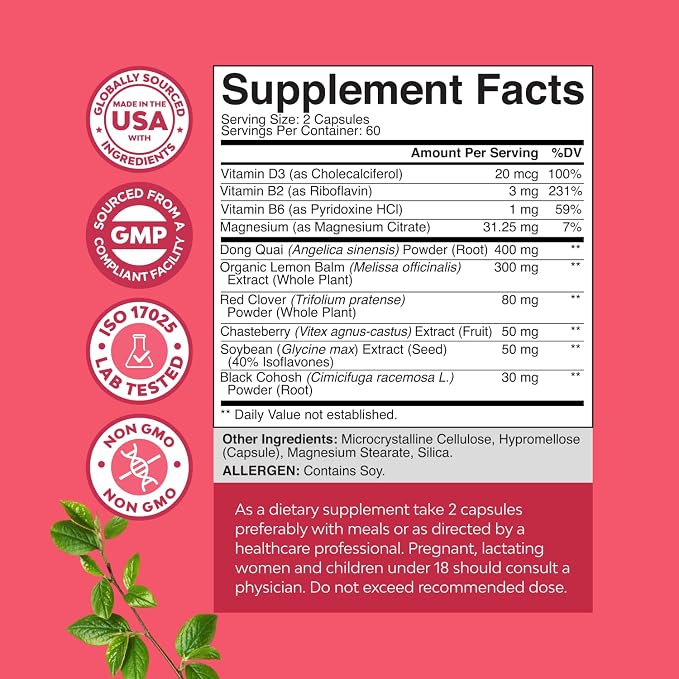 Natures Craft Complete Herbal Menopause Supplement for Women - Female Hormone Balance Capsules for Night Sweats Hot Flashes & Mood Swings with Dong Quai, Chaste Berry & Black Cohosh Root - 120 Count