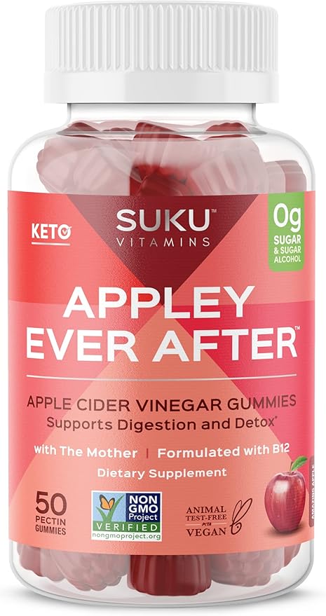 SUKU Appley Ever After Gummies – Apple Cider Vinegar with Methylated B12 & Folate – Sugar-Free, Gluten-Free, Vegan Detox & Energy Support – Amazing Apple Flavor – 50 Count