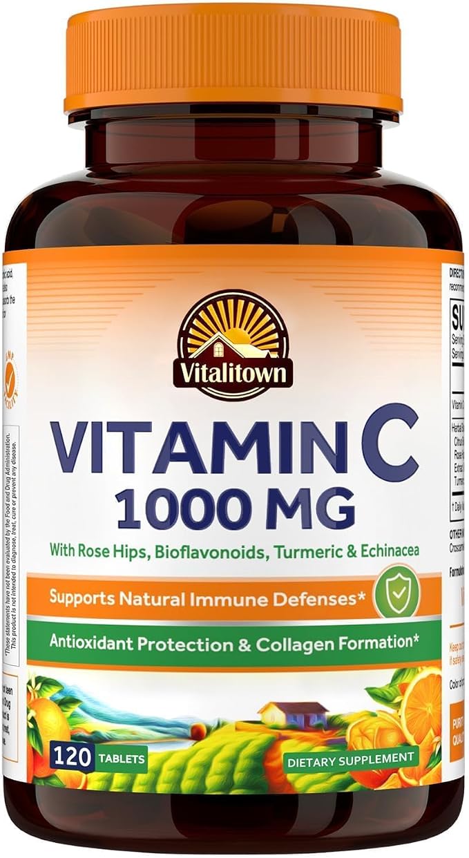 Vitalitown Vitamin C Complex 1000mg with Rose HIPS, Bioflavonoids, Turmeric & Echinacea, Daily Immune Support, Collagen Booster & Powerful Antioxidant, Vegan, 120 Tablets