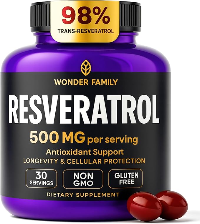 Resveratrol Supplement 500mg – 98% Trans Resveratrol 1000mg Organic Complex – NAD Resveratrol Antioxidants & Anti Aging Supplement for Heart Health, Wellness Formula, Healthy Cell Support