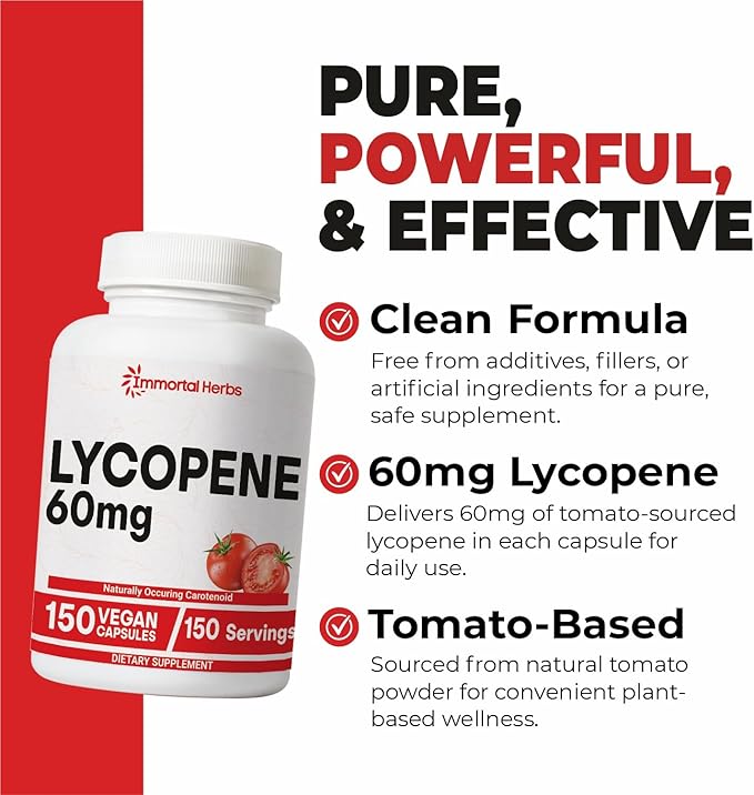 Lycopene Supplement for Men 60mg, 120 Capsules, Natural Tomato Extract Powder, 4 Month Supply, 100% Veg Lycopene Complex, Non-GMO and Gluten Free Carotenoid Supplement