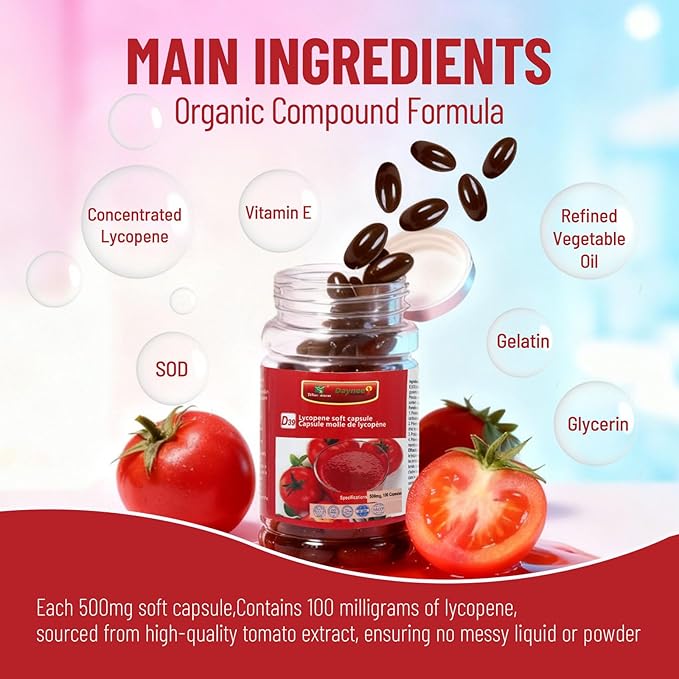 Lycopene Softgel Capsule, 500mg Super Vegetable Tomato Supplement Extract, Supports Heart, Prostate & Skin Health, 100 Count