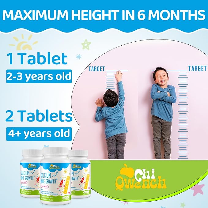 ChiQwench 500 MG Calcium Supplement with Vitamin D3 & K2, Zinc, Magnesium & Prebiotics. Kids Vitamins for Kids' Height. Bone Strength, High Absorption, Orange Chewables, Non-GMO, Gluten Free, 60 Tabs