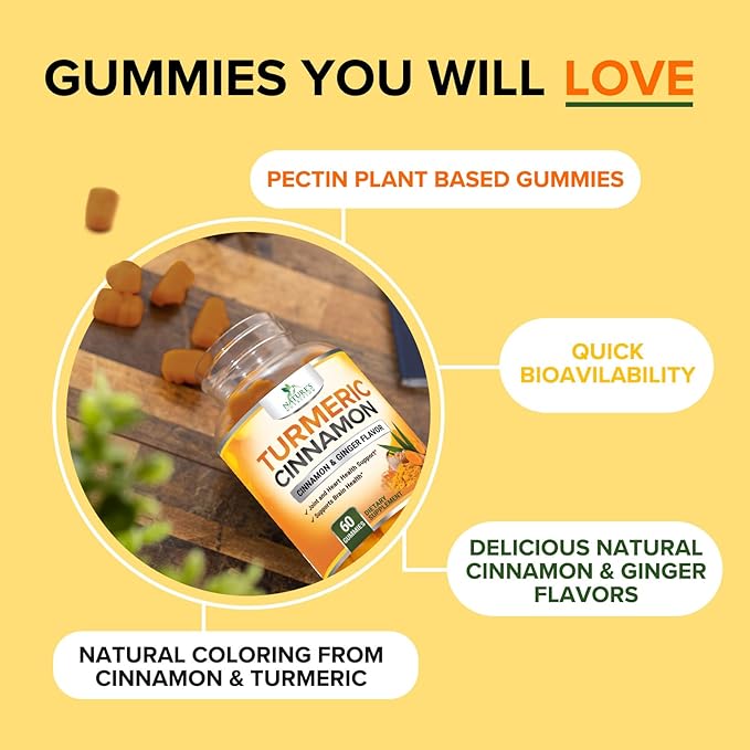 Turmeric Curcumin Supplement Gummies - 95% Curcuminoids with Turmeric Ginger, Black Pepper for Best Absorption, Nature's Vegan Joint Support, Non-GMO, Gluten Free, Tasty Cinnamon Flavor - 60 Gummies