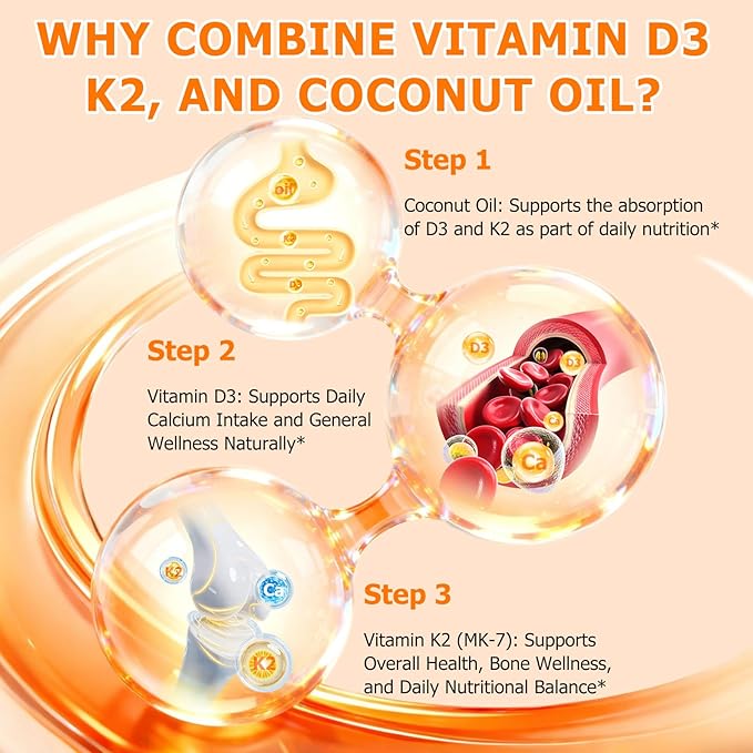 Vitamin D3 K2 Supplement Softgel, Vitamin D3 K2 Softgel with 10000 IU Supports Immune, Heart, Teeth & Bone Health, Free of GMO, Gluten, Soy, 120 Softgels
