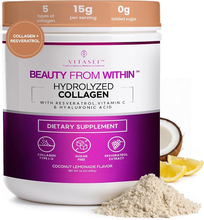 VITASEI Hydrolyzed Collagen Peptides Powder with Resveratrol & Vitamin C – Hair, Skin & Joint Support – Colágeno Hidrolizado for Women & Men – Refreshing Coconut Lemonade Flavor, 16 oz (30 Servings)