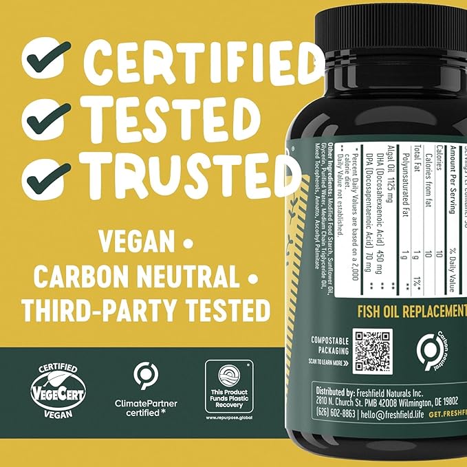 Vegan Omega 3 DHA: Algae Oil, Most Reviewed, Carrageenan Free, Tested, No Heavy Metals, Fish Oil Alt, Plant Based Omega. Supports Heart, Brain, Joint Health w/DPA