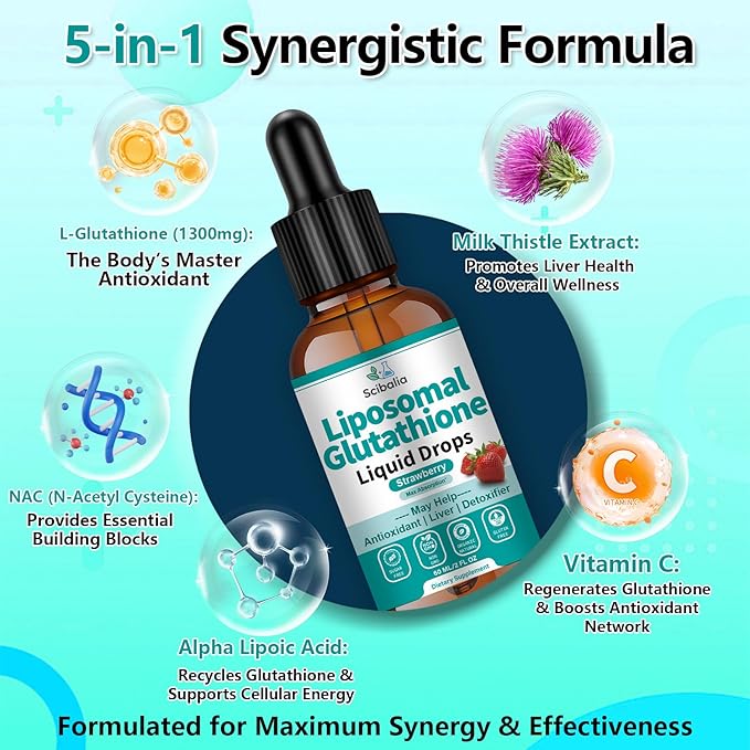Liposomal Glutathione Supplement Liquid Drops, 5-in-1 Ultra Strength L-Glutathione 1750mg w. Milk Thistle Vitamin C NAC Alpha Lipoic Acid for Skin Whitening Liver Detox Antioxidant Immune Brain Health