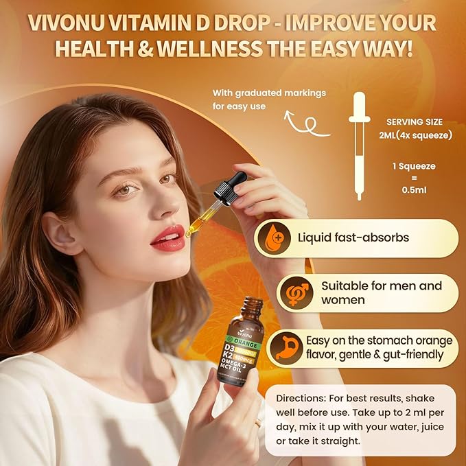 Vitamin D3 K2 Drops, D3 20000 IU & K2 as MK-7 400mcg with Magnesium, Calcium, Zinc & Omega 3 for Immune*, Mood*, Bone* Health, Orange Flavor Vitamin D Liquid Drops Supplement(1 Bottle)