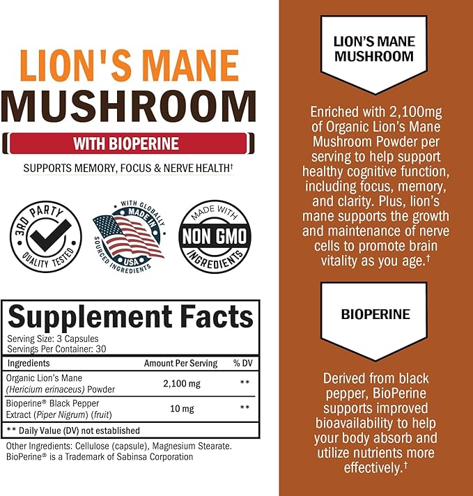 BioSchwartz Organic Lions Mane Supplement Capsules (90 Count) 2100mg Lions Mane Mushrooms with BioPerine for Max Absorption, Active Compound Verified, Nootropic Brain Supplements for Memory and Focus