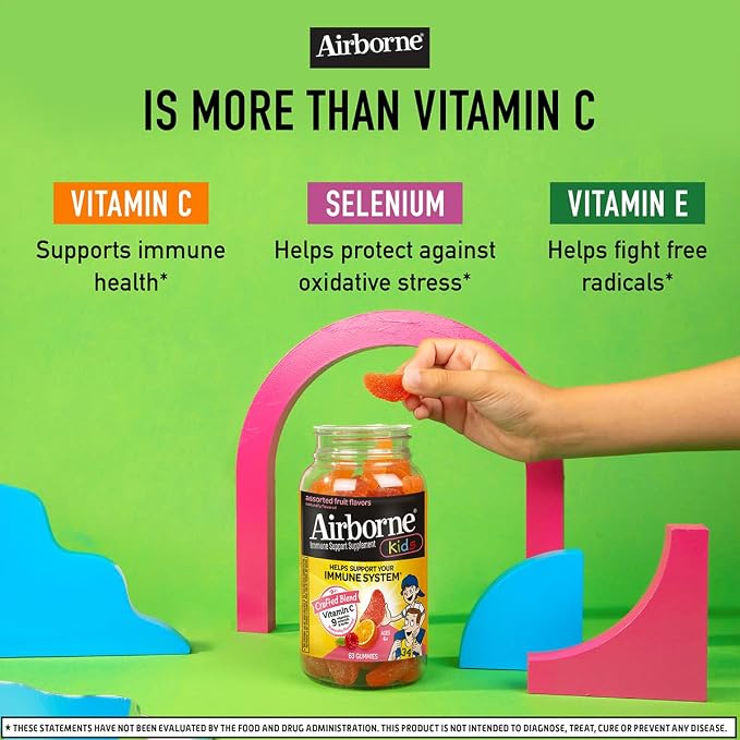 Airborne Kids 500mg Vitamin C Gummies, Kids Immune Support Zinc Gummies with Powerful Antioxidants VIT C & E - 63 Gummies, Assorted Fruit Flavor (Pack of 2)