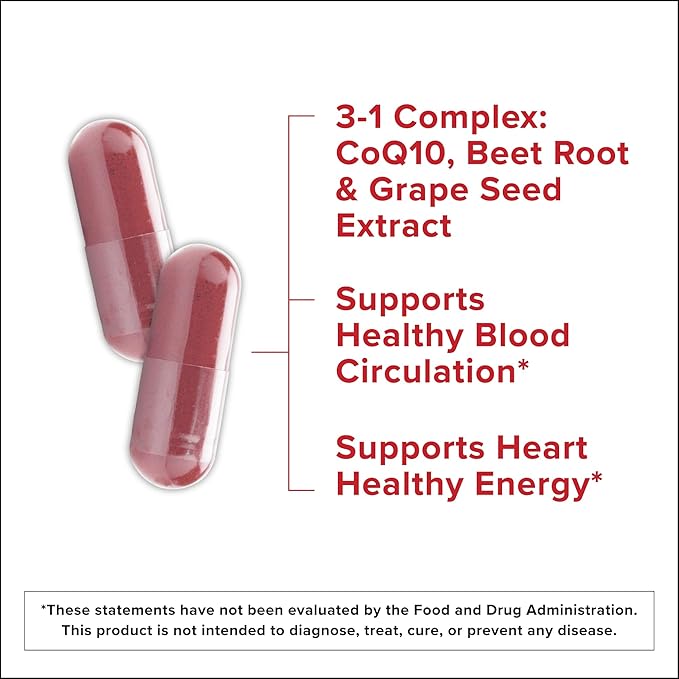 Qunol Blood Pressure Support, 3 in 1 Beets + CoQ10 + Grape Seed Extract, Beet Root Capsules that Supports Healthy Blood Circulation & Heart Healthy Energy, 60 Count (Pack of 2)