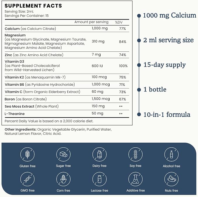 (1 Pack) Magnesium Calcium Zinc Supplement with Vitamin D3 K2 for Women, Magnesium Glycinate Vegan Liquid Drops for Adult Plus L-Theanine Boron Sea Moss Extract, Bone, Sleep & Leg Cramps, 1 Fl Oz
