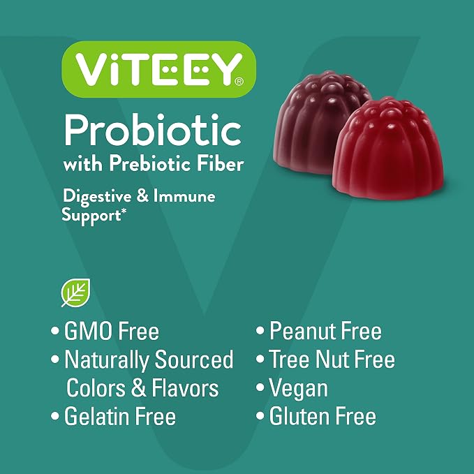 VITEEY Probiotic Gummies with Prebiotics – Gut Health Supplements for Digestive Health – 2 Billion CFUs – Vegan, Gluten-Free – 120 Count