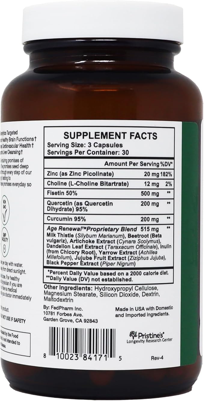Age Renewal Complex - Cellular Renewal & Senescent Cell Removal Support - Fisetin, Quercetin, Curcumin, Zinc -Senolytic & Autophagy Aid Supplement - - Non-GMO, USA Made Glass Bottle