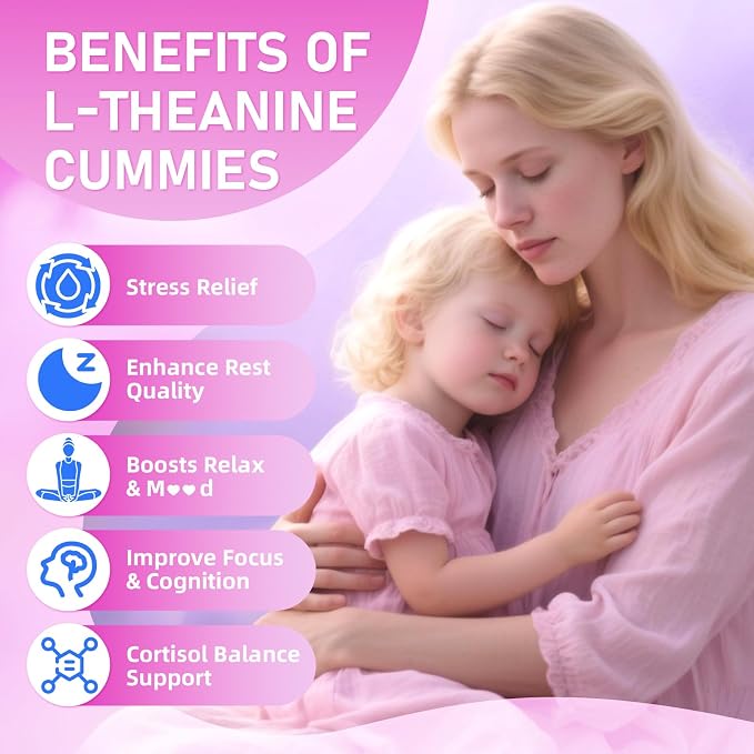 L-Theanine Gummies for Kids & Adults, L'Theanine 400mg with Ashwagandha, GABA, 5HTP, L Theanine Supplement for Calm, Zzz & Relaxation Support, Raspberry Flavor, 60 Counts