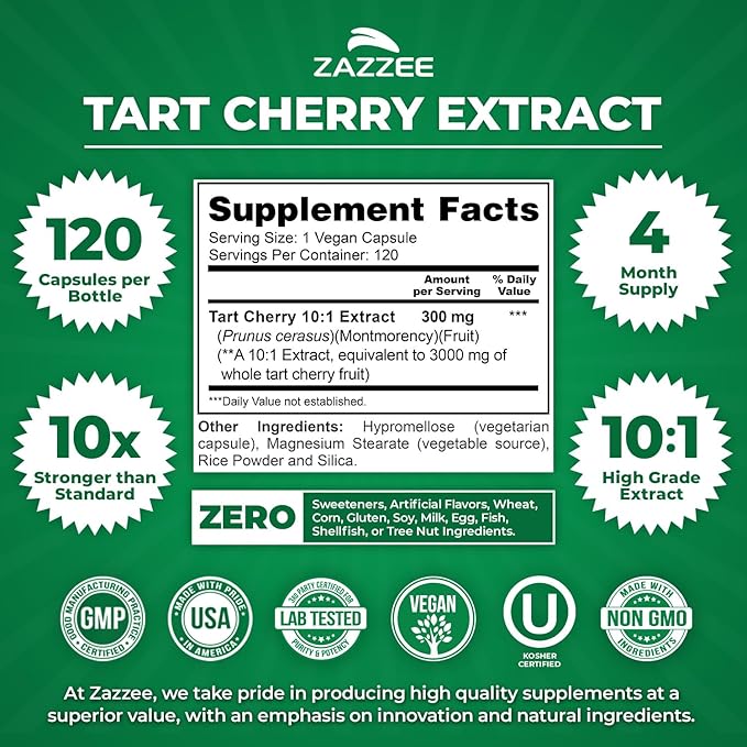Zazzee Tart Cherry 10:1 Extract, 120 Vegan Capsules, 4 Month Supply, Montmorency Cherry, Certified Kosher, Joint & Uric Acid Support, Antioxidant Support Formula, Non-GMO, Made in the USA