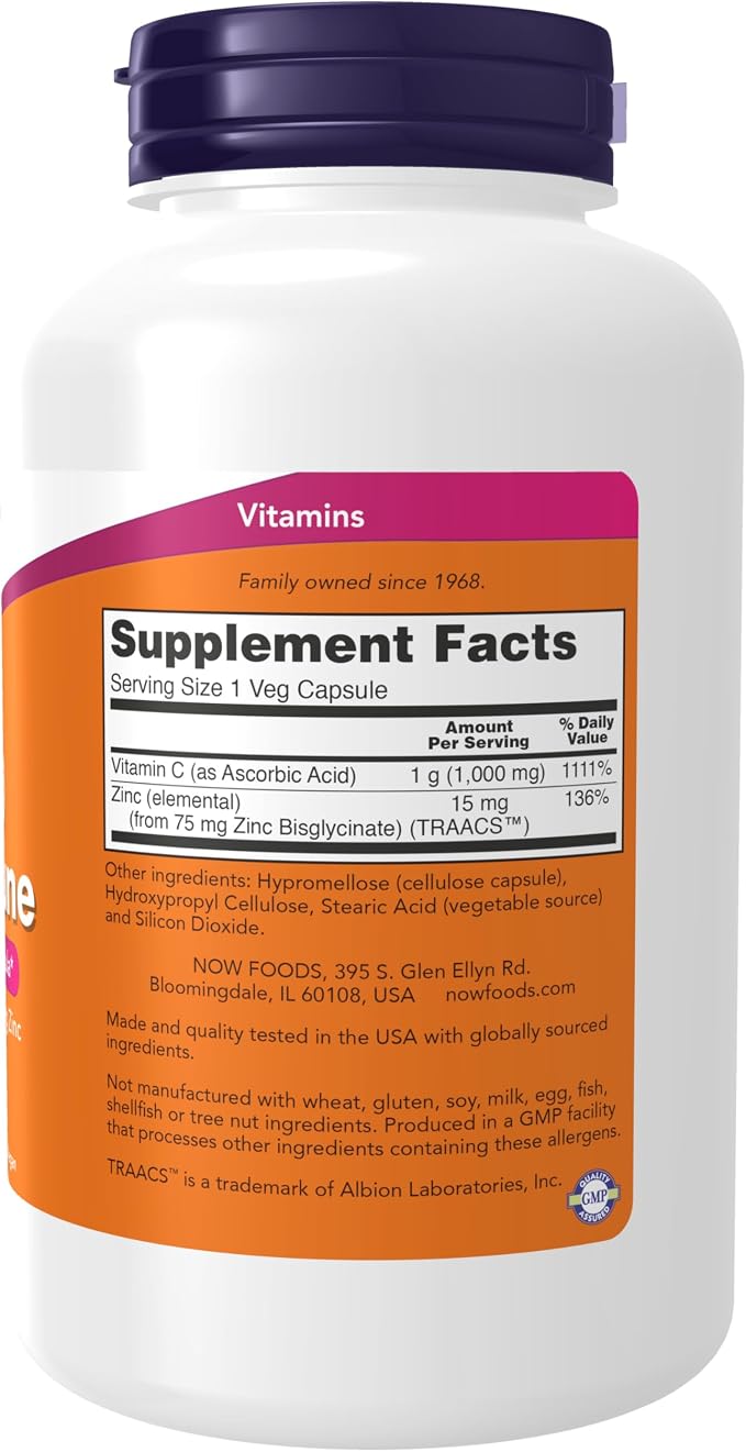 NOW Foods Supplements, C-1000 & Zinc Immune, Seasonal Support Formula*, Antioxidant Protection*, 180 Veg Capsules, (Pack of 2)