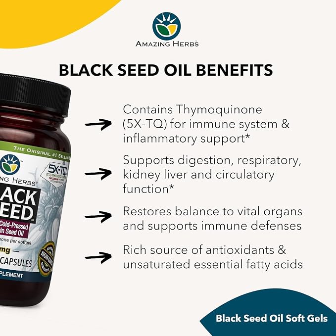 Amazing Herbs Premium Black Seed Oil Capsules - Gluten Free, Non GMO, Cold Pressed Nigella Sativa Aids in Digestive Health, Immune Support- 90 Count, (Pack of 2)