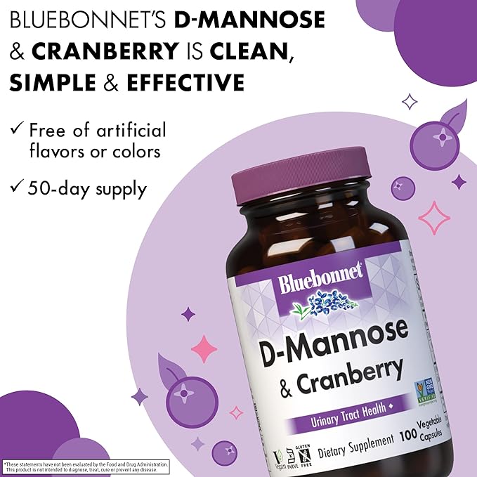 BlueBonnet Nutrition D-Mannose & Cranberry - Fast Acting Urinary Tract Support for Men & Women* - Non-GMO, Vegan, Kosher, Gluten-Free - 100 Vegetable Capsules, 50 Servings
