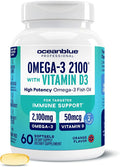 Oceanblue Professional Omega-3 2100 with Vitamin D3 – 60 ct – Triple Strength Burpless Fish Oil Supplement with High-Potency EPA, DHA, DPA and Vitamin D3 – Wild-Caught – Orange Flavor (30 Servings)