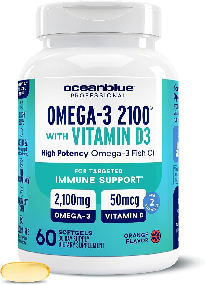 Oceanblue Professional Omega-3 2100 with Vitamin D3 – 60 ct – Triple Strength Burpless Fish Oil Supplement with High-Potency EPA, DHA, DPA and Vitamin D3 – Wild-Caught – Orange Flavor (30 Servings)