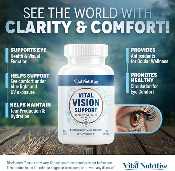 Vital Vision Support – Eye Health Supplement with Vitamin A, Lutein, Beta Carotene & Antioxidants – Eye Vitamins Support Hydration & Oxidative Stress -30 Days Serving