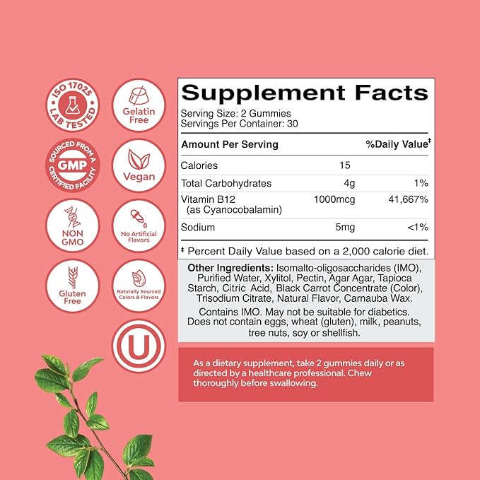 Vitamin B12 Gummies for Adults - Sugar Free Vitamin B12 1000 mcg Chewable Gums for Energy & Mood Support Immune & Nerves Health - Kosher Non-GMO & Gluten Free Supplement for Women & Men - 60 Count
