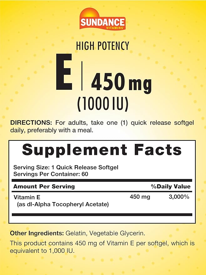 Sundance High Potency Vitamin E | 450mg (1000 IU) | 60 Softgels | Essential Vitamin Supplement | Non-GMO and Gluten Free Formula