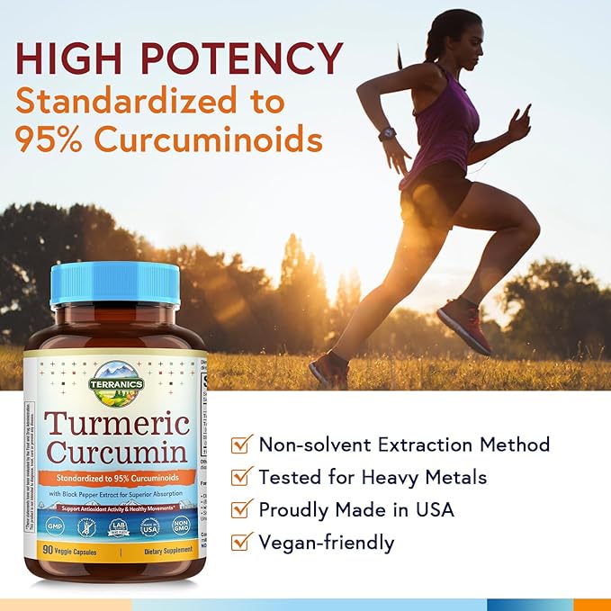 Turmeric Curcumin Supplement 1800mg, with Black Pepper 15mg for Maximum Absorption, 95% Curcuminoids, Mobility & Antioxidant Support, Made in USA, Non-GMO, No Gluten, 90 Vegan Capsules