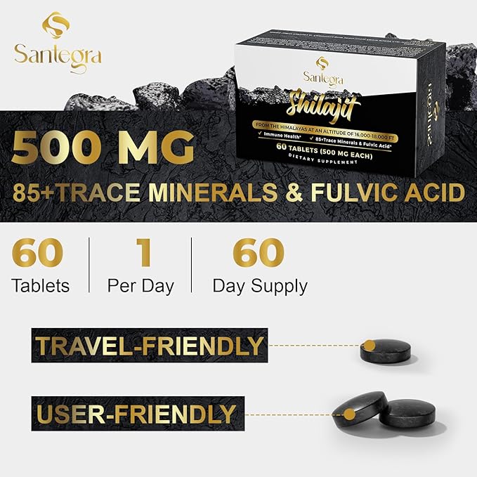 30,000 MG Shilajit Tablets, 100% Shilajit Pure Tablets for Women & Men, Himalayan Organic, Fulvic Acid & 85+ Trace Minerals, Resin Supplement for Energy and Immune System, 60 Counts