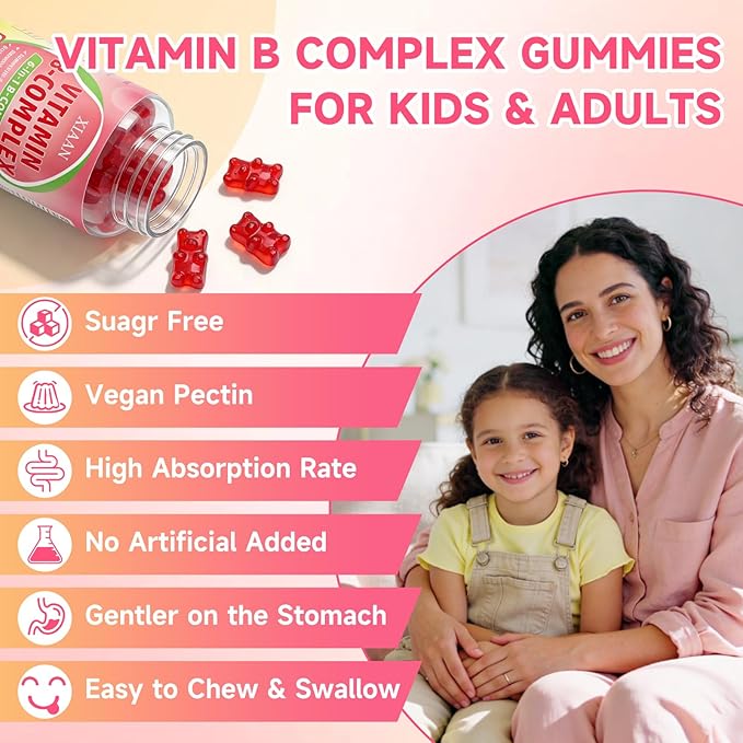 Vitamin B Complex Gummies for Women & Men - Vitamin B12, B1, B2, B3, B5, B6, B-Complex Vitamin Supplements for Energy & Immune Support, Sugar-Free/Vegan, Raspberry Flavor 120 Count