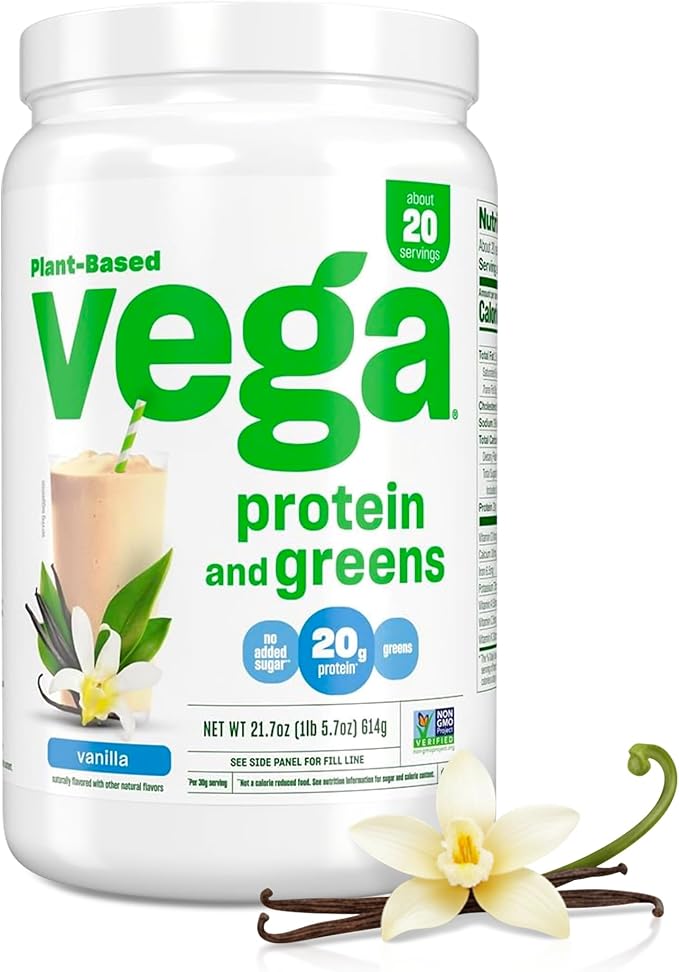 Vega Premium Protein + Supergreens, Vanilla – 20g Vegan Protein, Dairy & Gluten Free, 21.7 oz (20 Servings)