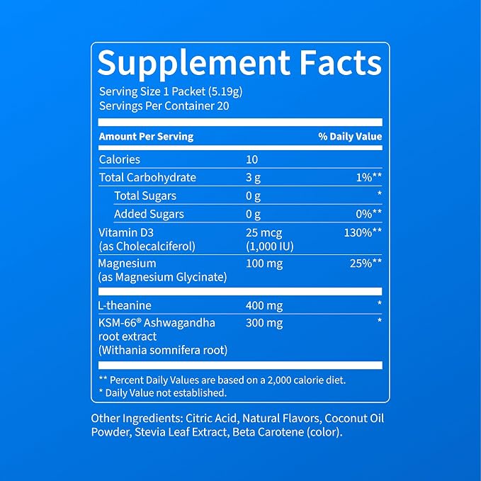 Nello Supercalm Powdered Drink Mix, Cortisol Reducer* and Sleep Aid Supplement, L Theanine, Ksm-66 Ashwagandha, Magnesium Glycinate, Vitamin D 3, No Sugar, Non GMO, On The Go, 20 Ct, Pina Colada