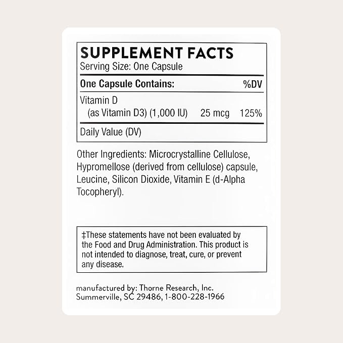 THORNE - Vitamin D-1,000 - Vitamin D3 Supplement - Supports Healthy Bones, Teeth & Muscles, Plus Cardiovascular & Immune Function* - Third-Party Certified - Gluten, Dairy & Soy-Free - 180 Capsules