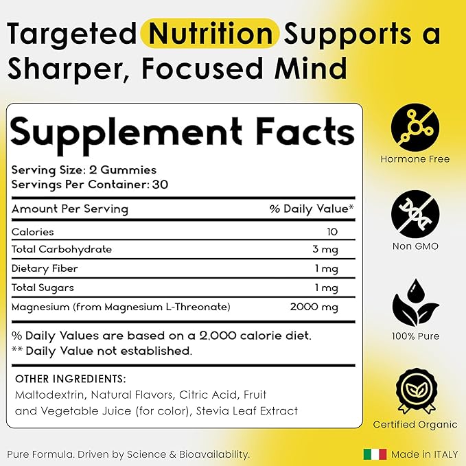 Magnesium L-Threonate Gummies for Adults & Kids 2000mg – Brain Supplements for Memory and Focus - Calm Magnesium Gummies for Improved Sleep and Healthy Mind - 60 Count (Pack of 1)