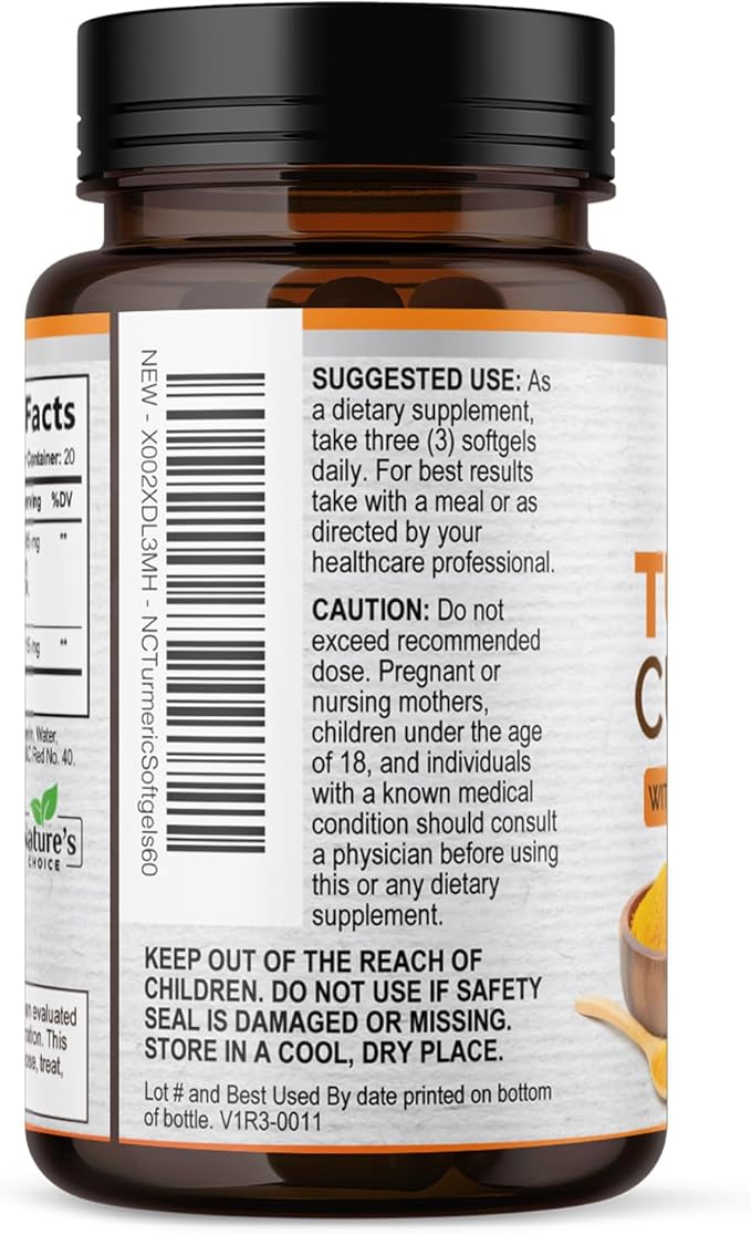Turmeric Curcumin Supplement Complex - BioPerine Black Pepper Extract Advanced Absorption Curcuminoids for Nature's Joint Support - Antioxidant Herbal Supplement for Women & Men, Non-GMO - 60 Softgels